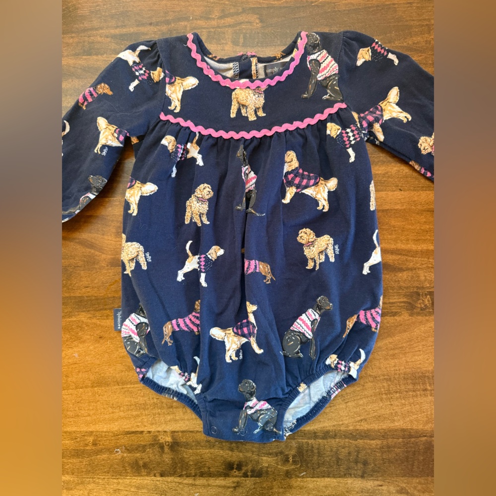 Simply Southern Navy Dog Print Bubble Romper with Pink Accents